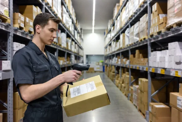 ecommerce warehouse worker scanning package for shipment