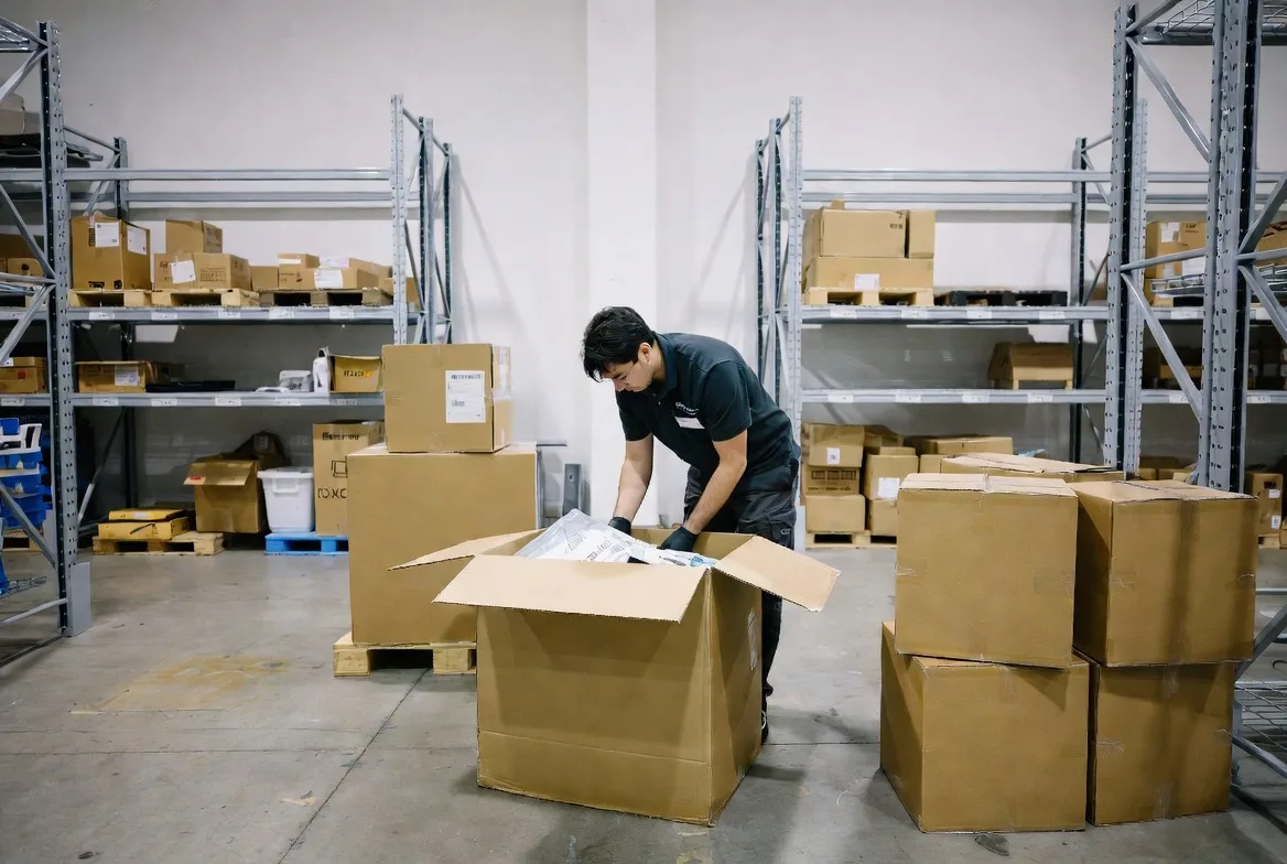 inspecting returned product in warehouse returns area