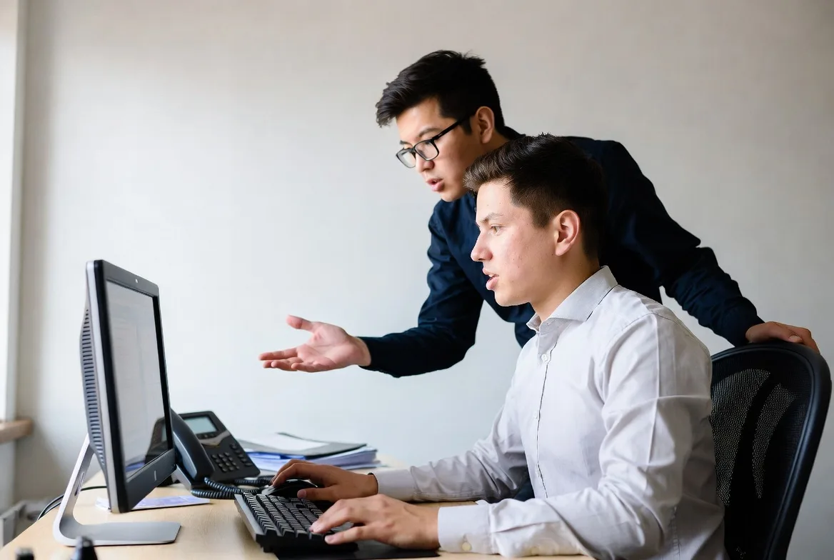 IT support technician assisting a user with a technical problem