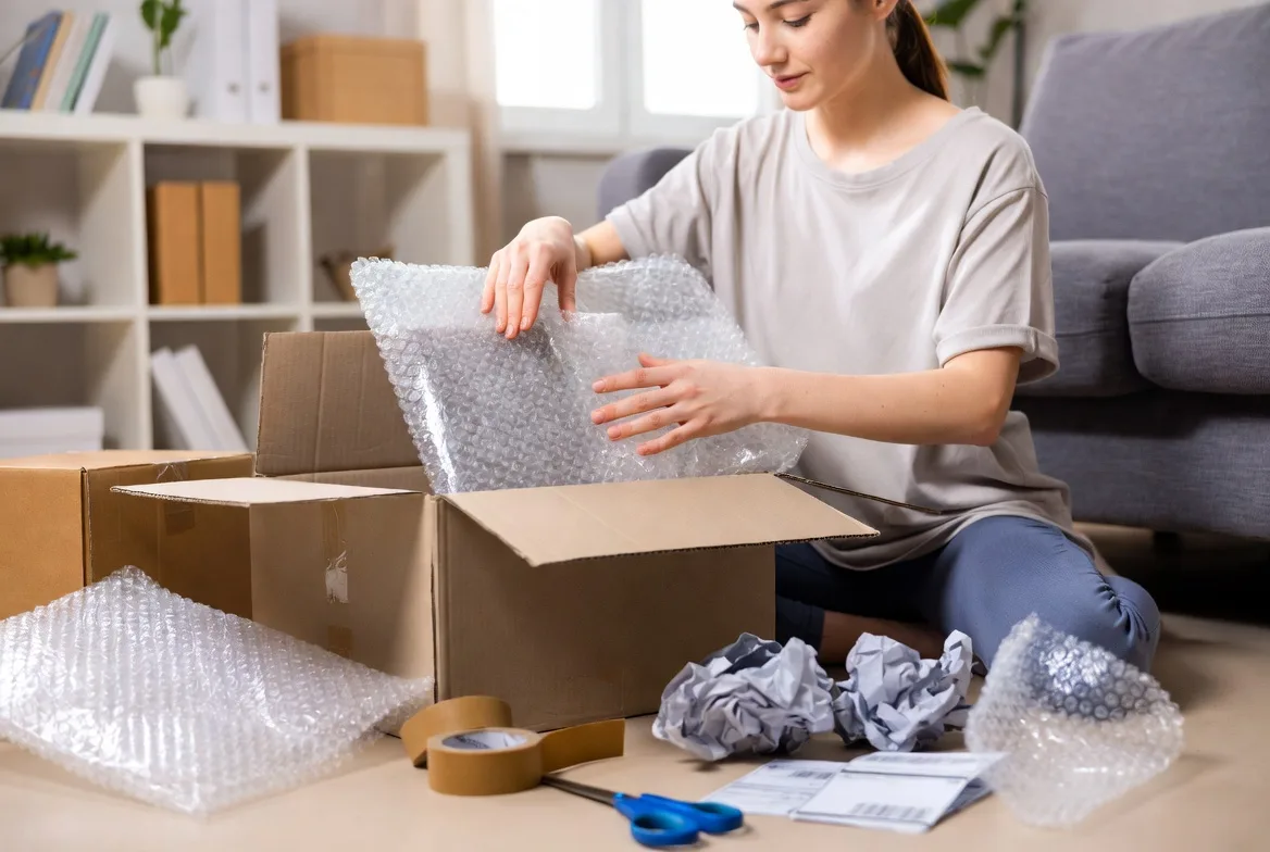 Customer preparing a product return package for refund