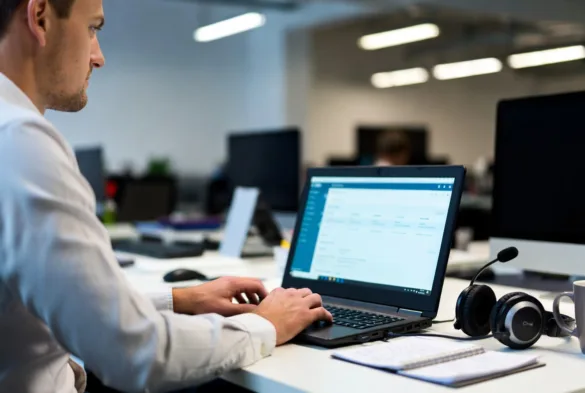 IT specialist using a knowledge base system to manage support tasks