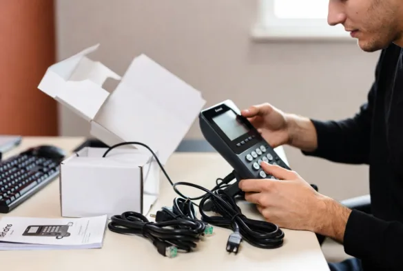 Unboxing a VoIP desk phone with cables and setup materials on a desk