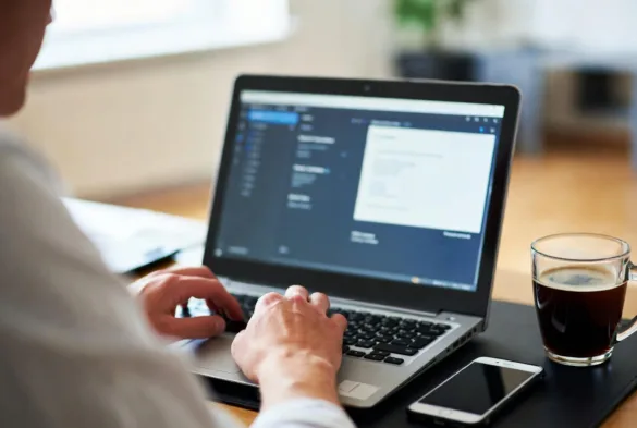 Employee working remotely on a laptop with IT systems