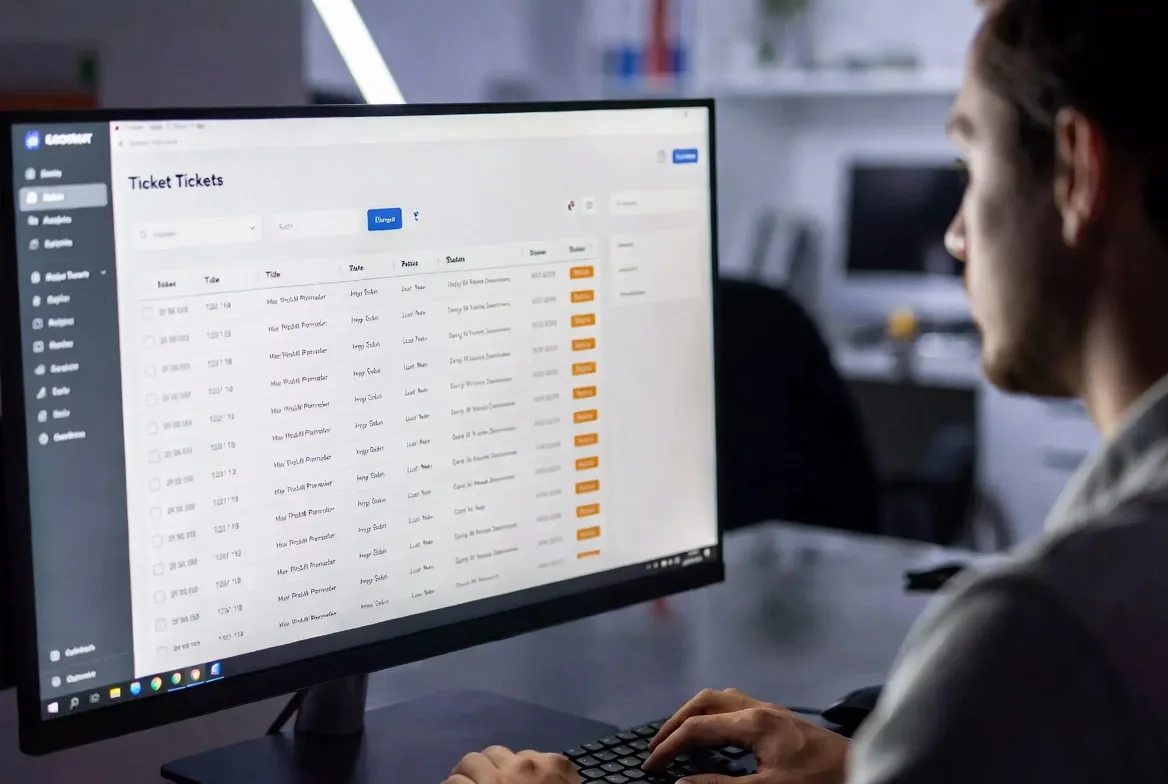 Ticketing system interface showing organized support requests with statuses
