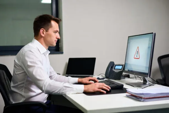 Employee requesting technical support at a workstation due to system issue