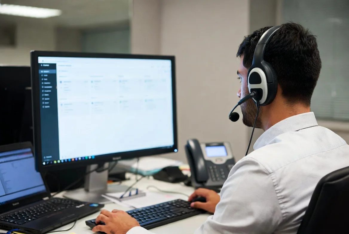 Help desk agent managing support tickets and assisting users