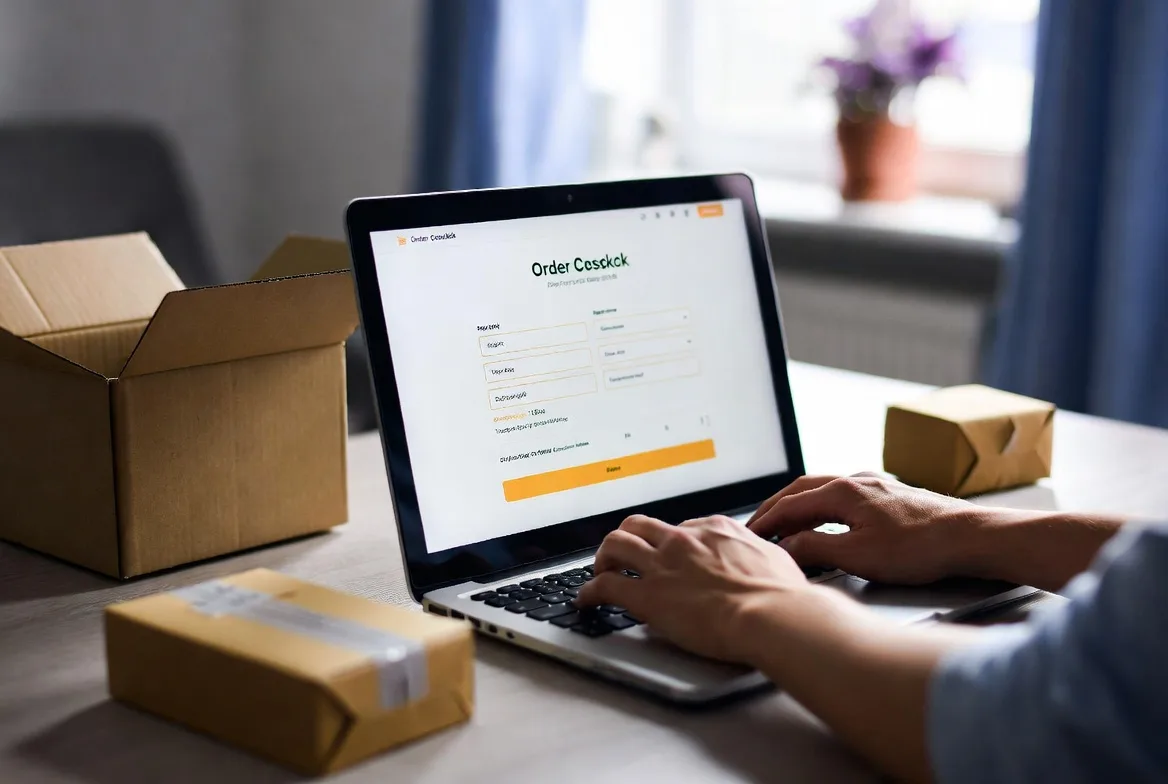 ecommerce checkout process on laptop with order details